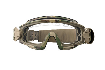 Military goggles, khaki camouflage protection, front view. 3D graphic
