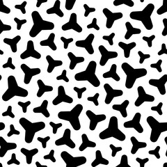Vector monochrome seamless pattern, rounded figures, geometric spots, chaotic rotation, black & white background. Abstract endless texture for prints, decoration, textile, wallpaper, identity, digital