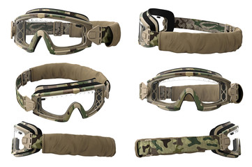 Military goggles, eyeglass camouflage protection set. 3D graphic