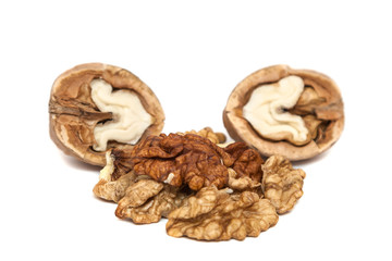 Kernels of walnut close up on white background
