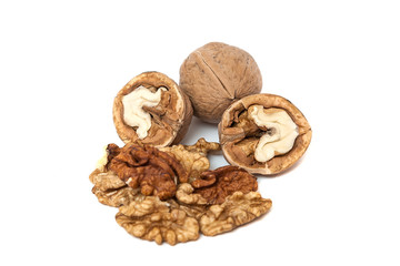 Kernels of walnut close up on white background