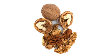 Kernels of walnut close up on white background