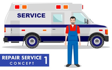 Repair service concept. Detailed illustration of service machine and repairer on white background in flat style. Vector illustration.