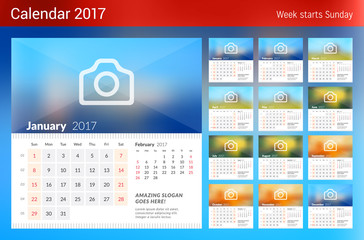 Calendar for 2017 Year. Week Starts Sunday. 2 Months on Page. Set of 12 Months. Vector Design Print Template with Place for Photo