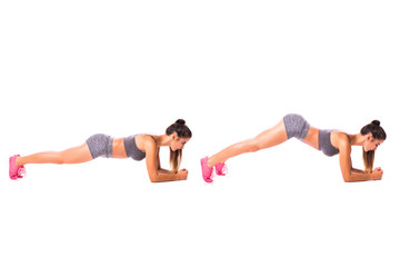 Inchworm Elbow Plank. Young woman doing sport exercise.