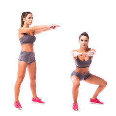 Squat Thrust with Twist exercise. Young woman doing sport exercise.