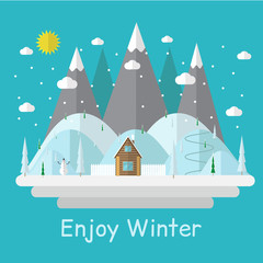 Winter sunny day landscape with mountains, hills and small log house among it, flat style design.