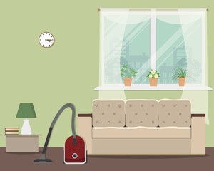 Cleaning in a living room. Vector flat illustration. There is a vacuum cleaner and sofa on a window background in a green room