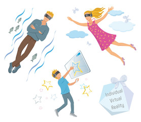 Fototapeta premium Set - individual virtual reality - games, movies, shopping, entertainment for people. Communications of the future. Color vector illustration, isolated on background.
