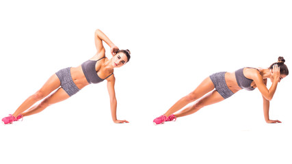 Side Plank Crunch Young woman doing sport exercise.