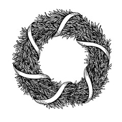 Christmas wreath. Vector hand drawn illustration with fir tree b