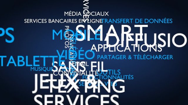 Smart, mobile, applications word tag cloud - blue, French variant, 3D rendering, UHD
