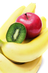 Apple and kiwi on bananas, fruit.
