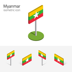 Myanmar flag (Republic of the Union of Myanmar), vector set of isometric flat icons, 3D style, different views. Editable design elements for banner, website, presentation, infographic, map. Eps 10