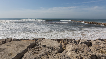 Atlantic coast in Costa de Caparica. Autumn day in Almada, Portugal.