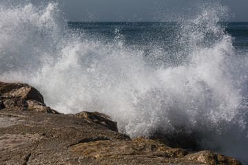 Atlantic coast in Costa de Caparica. Autumn day in Almada, Portugal.