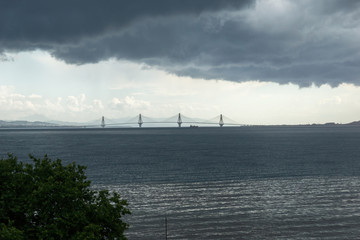 Panorama of The cable bridge between Rio and Antirrio from Nafpaktos, Patra, Western Greece