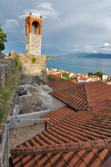 Sunset view of Clock tower in Nafpaktos town, Western Greece