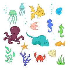 Cartoon set of sea and ocean animals, fishes and water plants: Octopus, stingray, seahorse, crab, starfish, jellyfish, several fishes, coral, water plants, shell, nautilus.