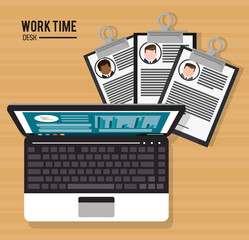 Laptop over desk and document icon. Work time office and supplies theme. Colorful design. Vector illustration