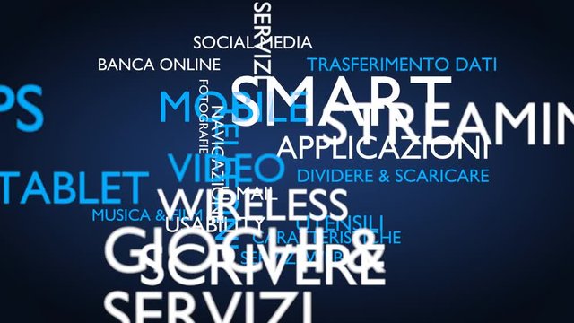 Smart, mobile, applications word tag cloud - blue, Italian variant, 3D rendering, UHD