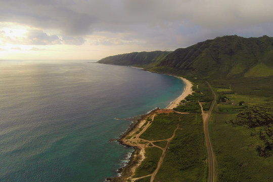 Aerial view of northwest coast of Oahu, Hawaii, including Makua
