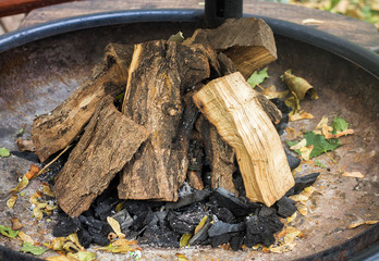 Pile of firewood and coal ready for kindling of a fire