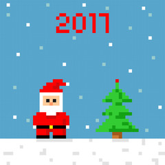 Pixel art icon Santa. Festive greeting card. Christmas and new year 2017. Santa Claus and Christmas tree in style of eight-bit game. Vector illustration
