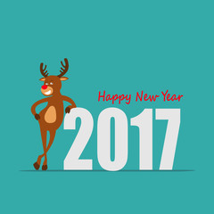 Happy New Year! Cartoon reindeer of Santa costs having leaned the elbows for year 2017. Deer Rudolf. Greeting card 2017