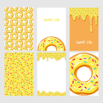 Set of bright food cards. Set of donuts with yellow glaze. Donut seamless pattern.