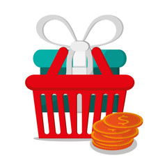Basket gift and coins icon. shopping online ecommerce media and market theme. Colorful design. Vector illustration