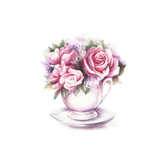 The cup with flowers. Hand draw watercolor illustration.