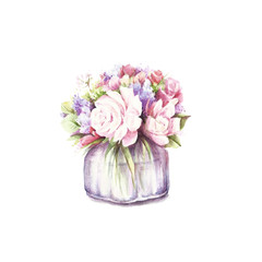 Vase with bouquet of flowers. Hand draw watercolor illustration