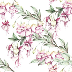 Seamless pattern with fuchsia. Hand draw watercolor illustration