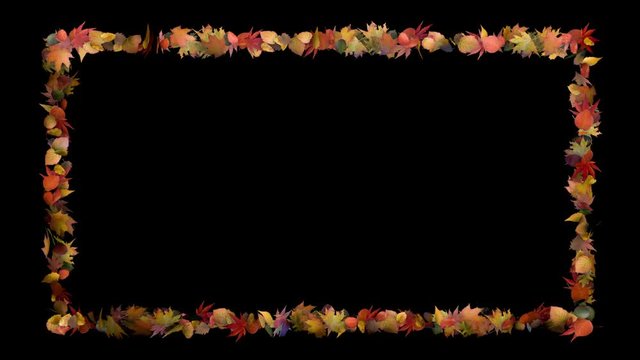 3d rendered animation of a rectangular frame made out of autumn leaves. In / idle / out