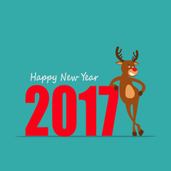 Happy New Year! Cartoon reindeer of Santa costs having leaned the elbows for year 2017. Deer Rudolf. Greeting card 2017