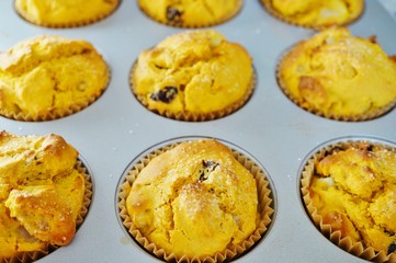 Tray of homemade vegan pumpkin muffins with pears and dried cherries