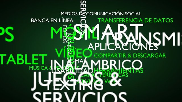 Smart, mobile, applications word tag cloud - green, Spanish variant, 3D rendering, UHD
