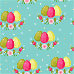 Easter seamless pattern. Colorful eggs on floral background