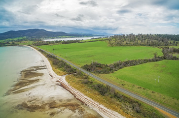 Aerial view of Dunnaley Bay and farmland. Dunnaley, Tasmania, Australia