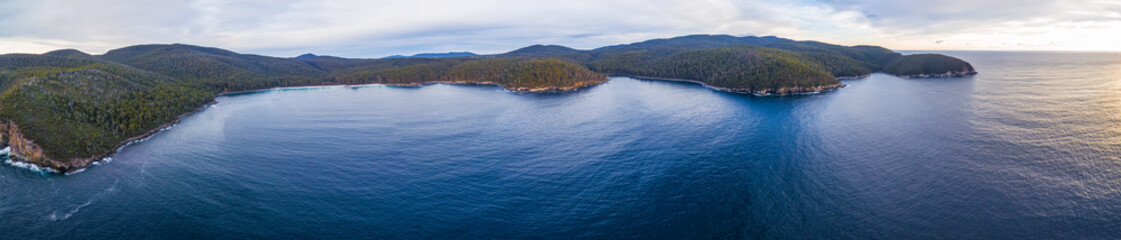 Fototapeta na wymiar Aerial panorama of Fortescue Bay. Tasman National Park, Victoria, Australia