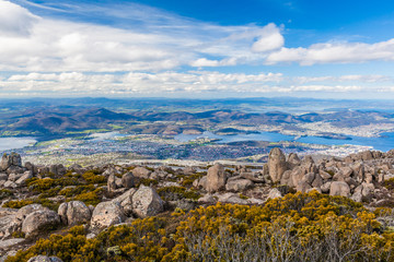 Fototapeta na wymiar View of Hobart from Mount Wellington Lookout. Tasmania, Australia