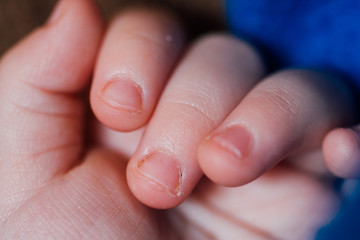 Close up detail of caucasian older baby or younger toddler's fingers and hand