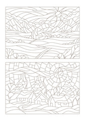 Set contour illustrations of the stained glass Windows with landscapes