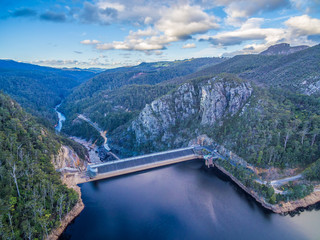 Beautiful Cethana lake and dam aerial view. Cethana, Tasmania, Australia