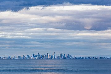 Melbourne CBD skyline at Dusk from Port Phillip waters. Melbourne, Australia