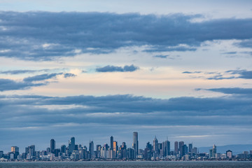 Melbourne CBD skyline at Dusk from Port Phillip waters. Melbourne, Australia