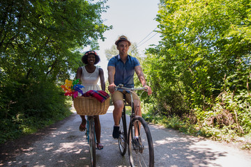 Young multiethnic couple having a bike ride in nature