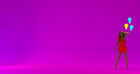 Woman with lightbulb ideas low poly 3d render illustration