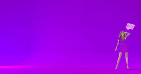 Confused woman in dress low poly 3d render illustration